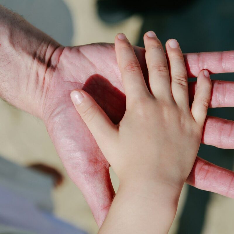 A child's hand rests on an adult's palm.